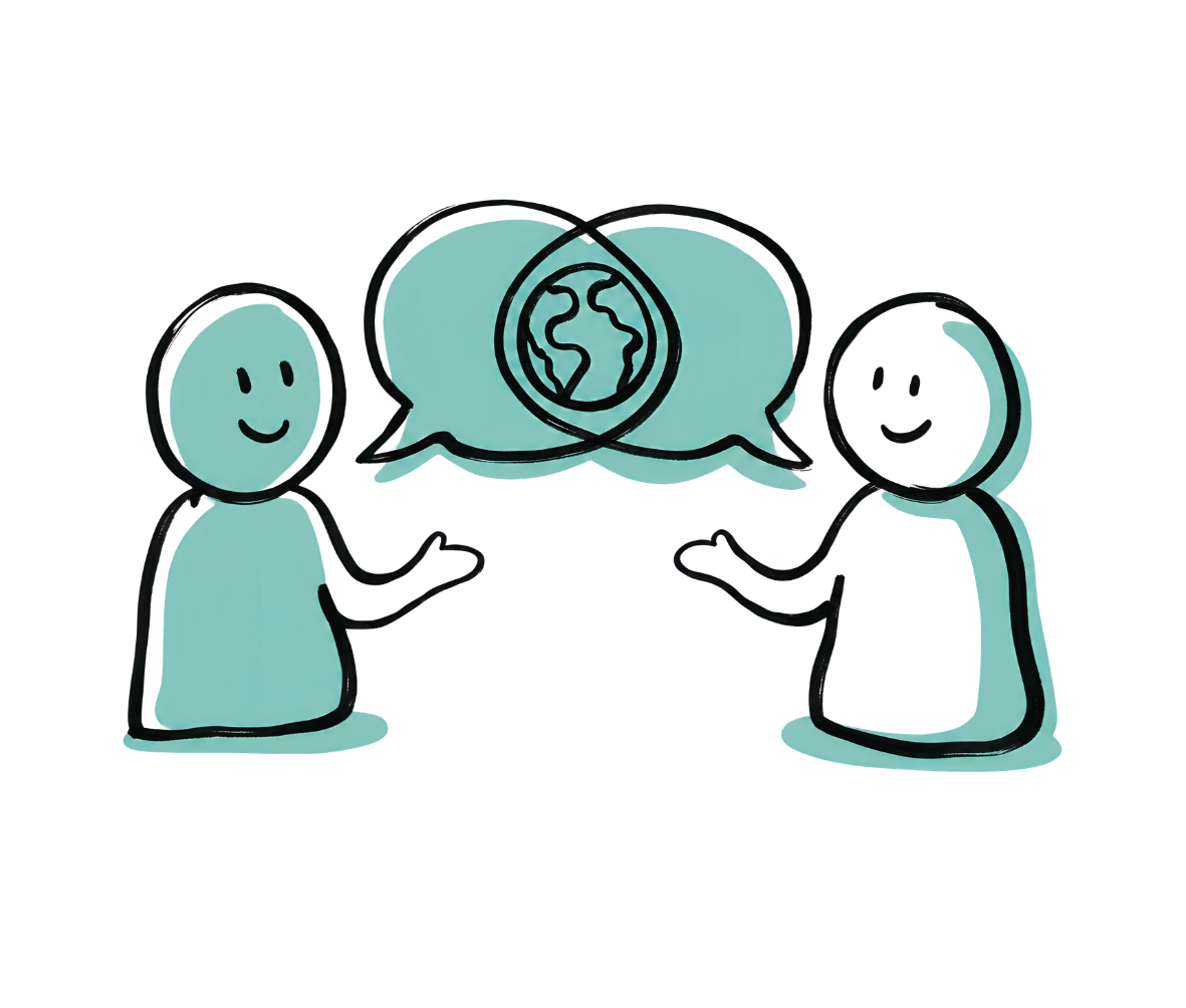 Two simplified cartoon figures talking with overlapping speech bubbles containing a globe, representing a discussion about the Earth or world topics.