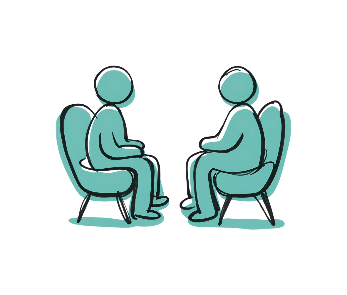Drawing of two people sitting face to face on chairs in an interview or counseling session, depicted with simple black lines and teal accents.