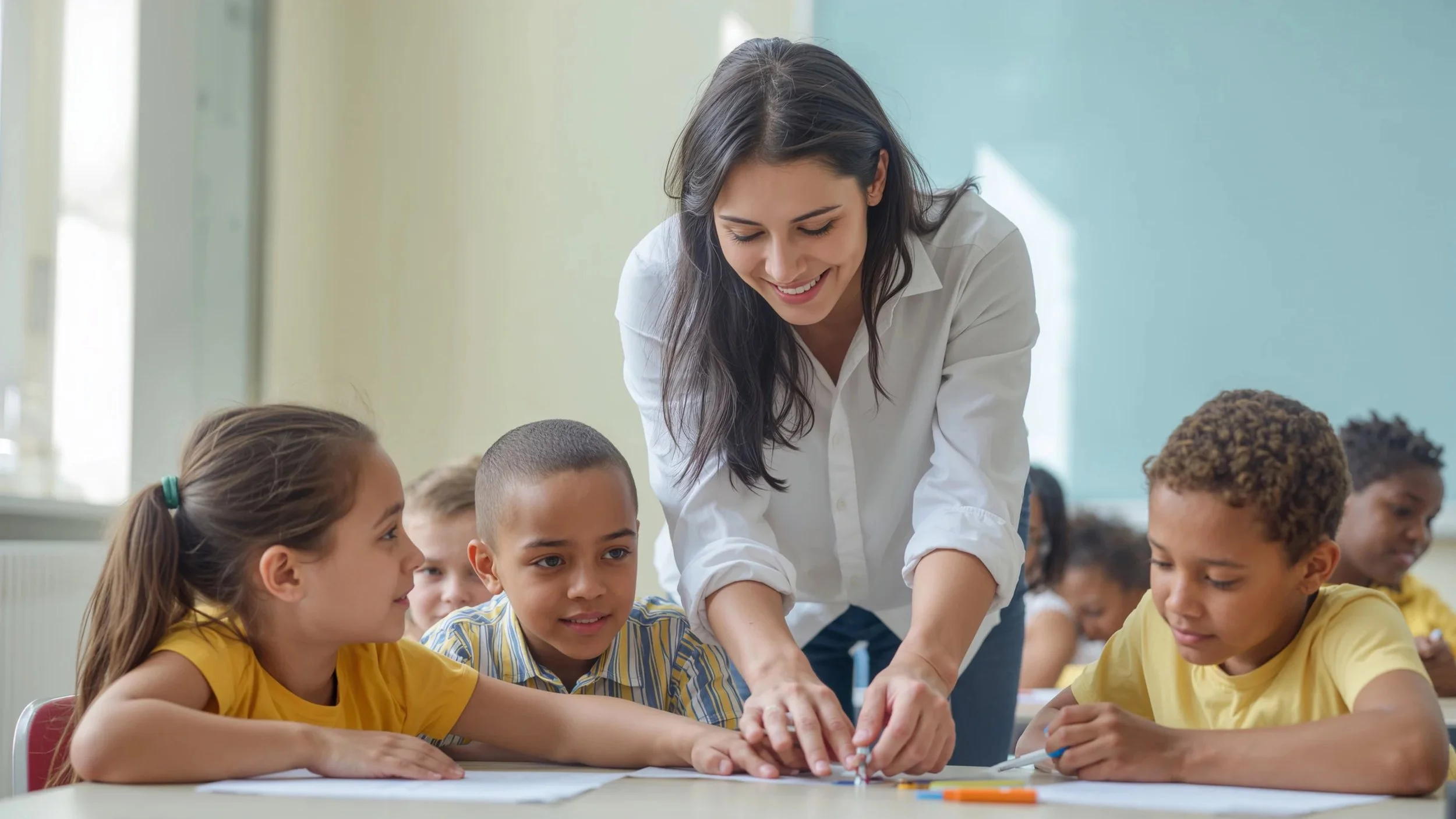 A classroom scene with a teacher guiding students in a learning activity, with multiple children sitting at desks.