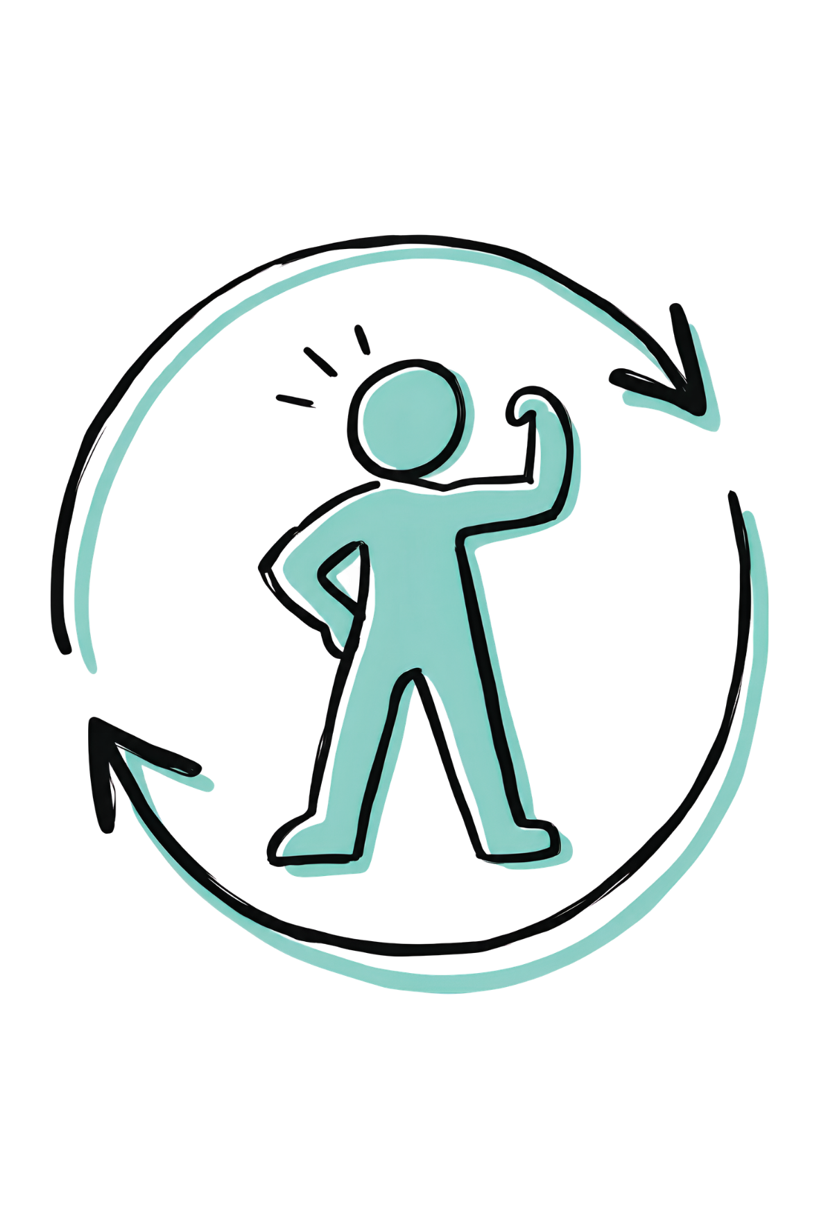 A simple drawing of a person flexing their arm muscle with a confident pose, surrounded by circular arrows indicating a cycle or process.