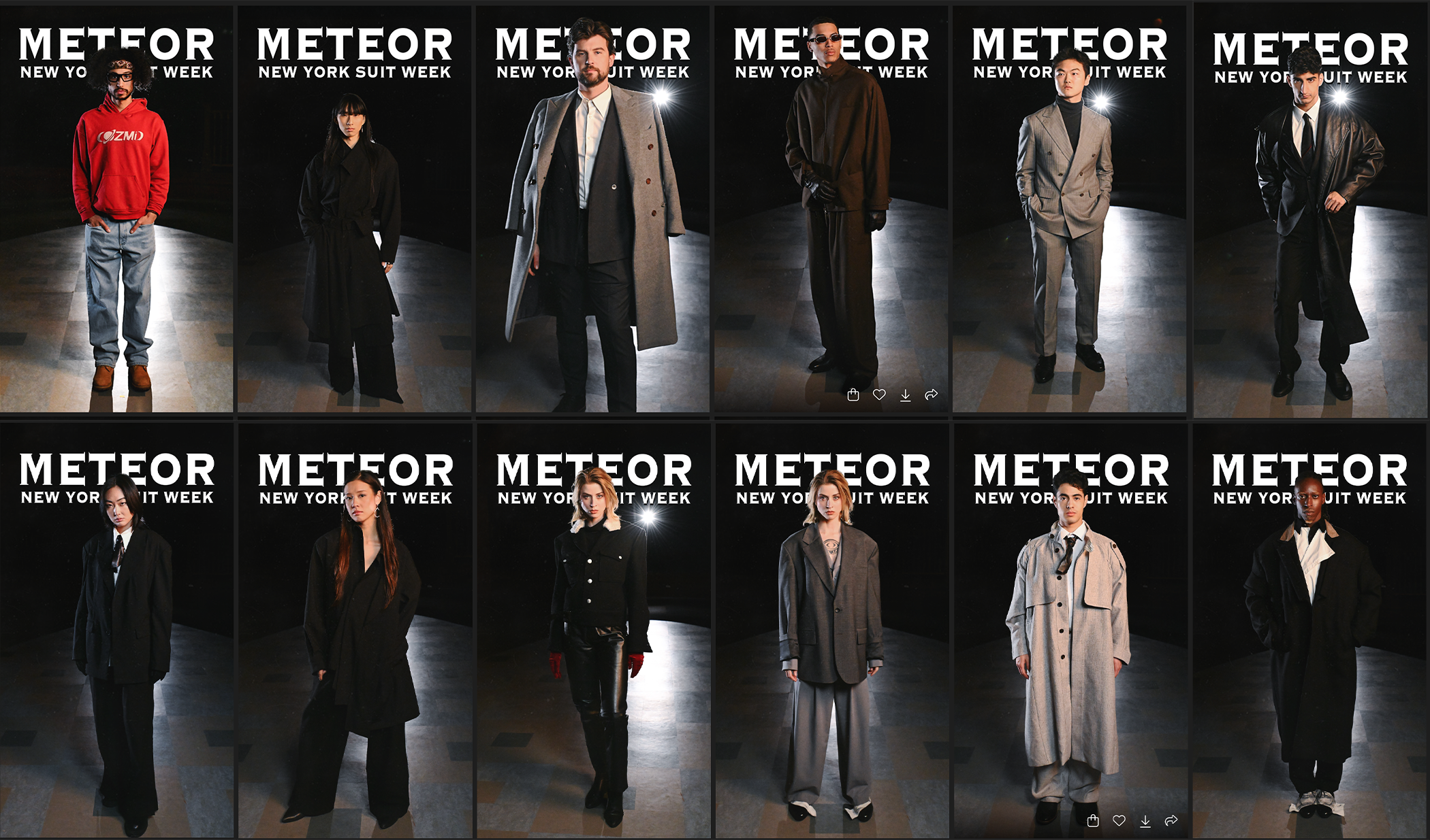 Collage of 12 models on a runway, each wearing different fashion outfits for METEOR New York Suit Week, with the event logo at the top.