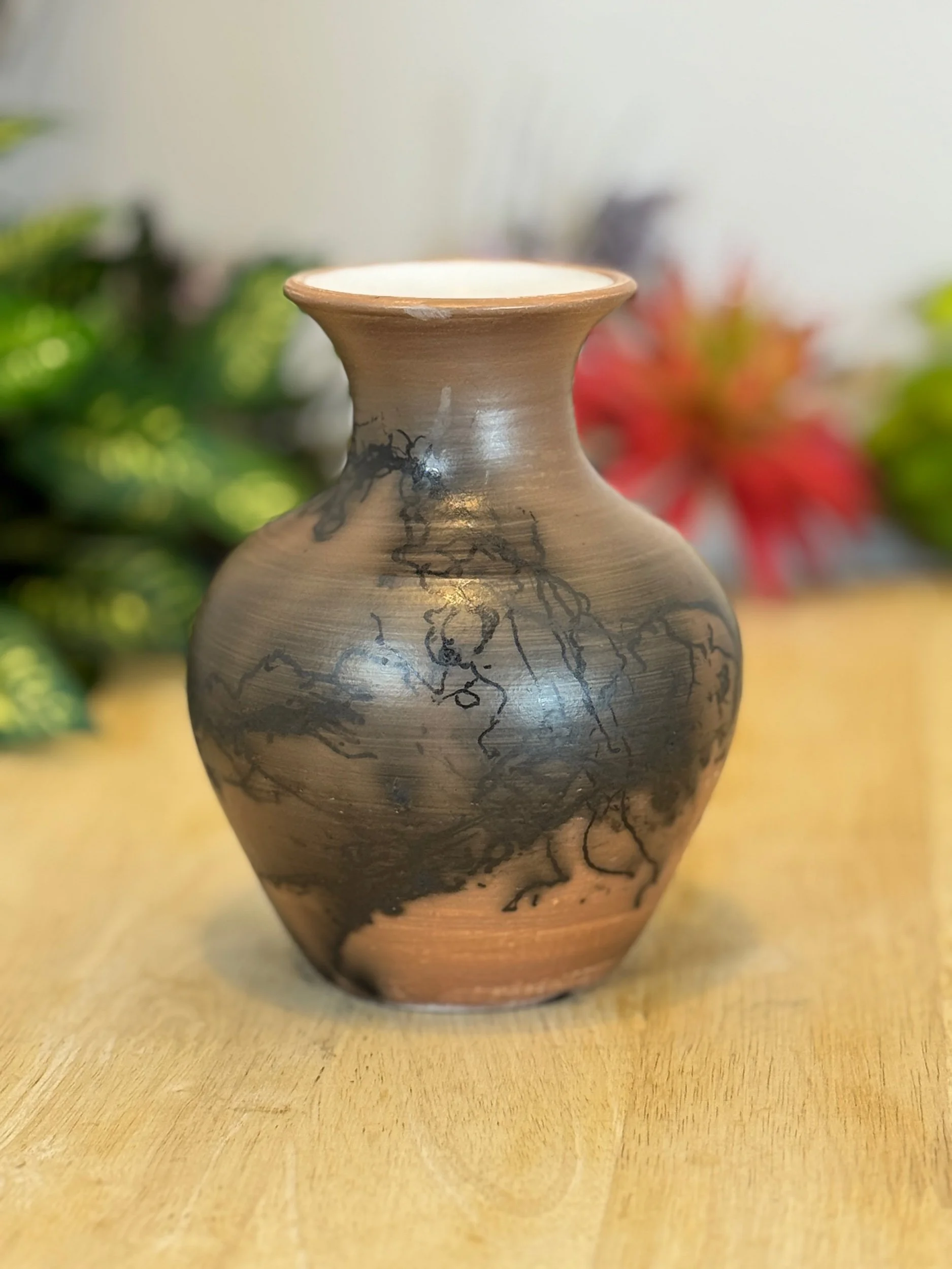 Handcrafted Raku Fired Pot with Horsehair Carbon Markings - Luxury Ceramic
