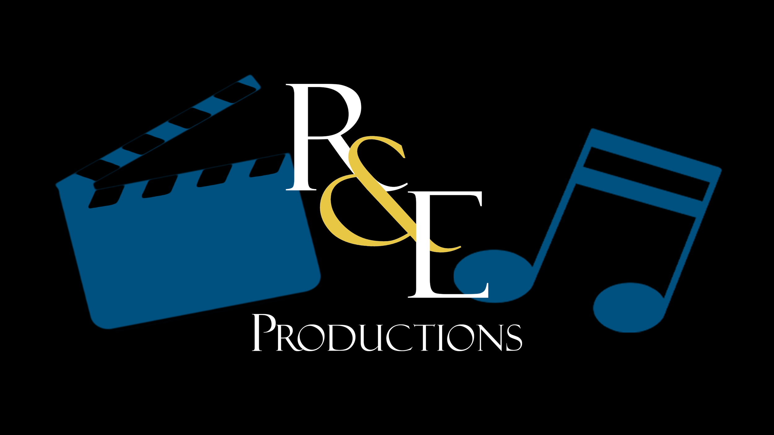 Logo for R&E Productions featuring a blue film clapperboard, a blue musical note, and stylized white and gold lettering of "R&E" and
