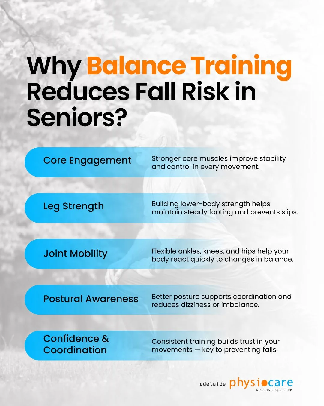 At Adelaide Physio Care, our balance training programs help seniors stay strong, steady, and confident &mdash; reducing fall risk and improving everyday mobility.

Through guided exercises that build leg strength, core stability, and coordination, ou