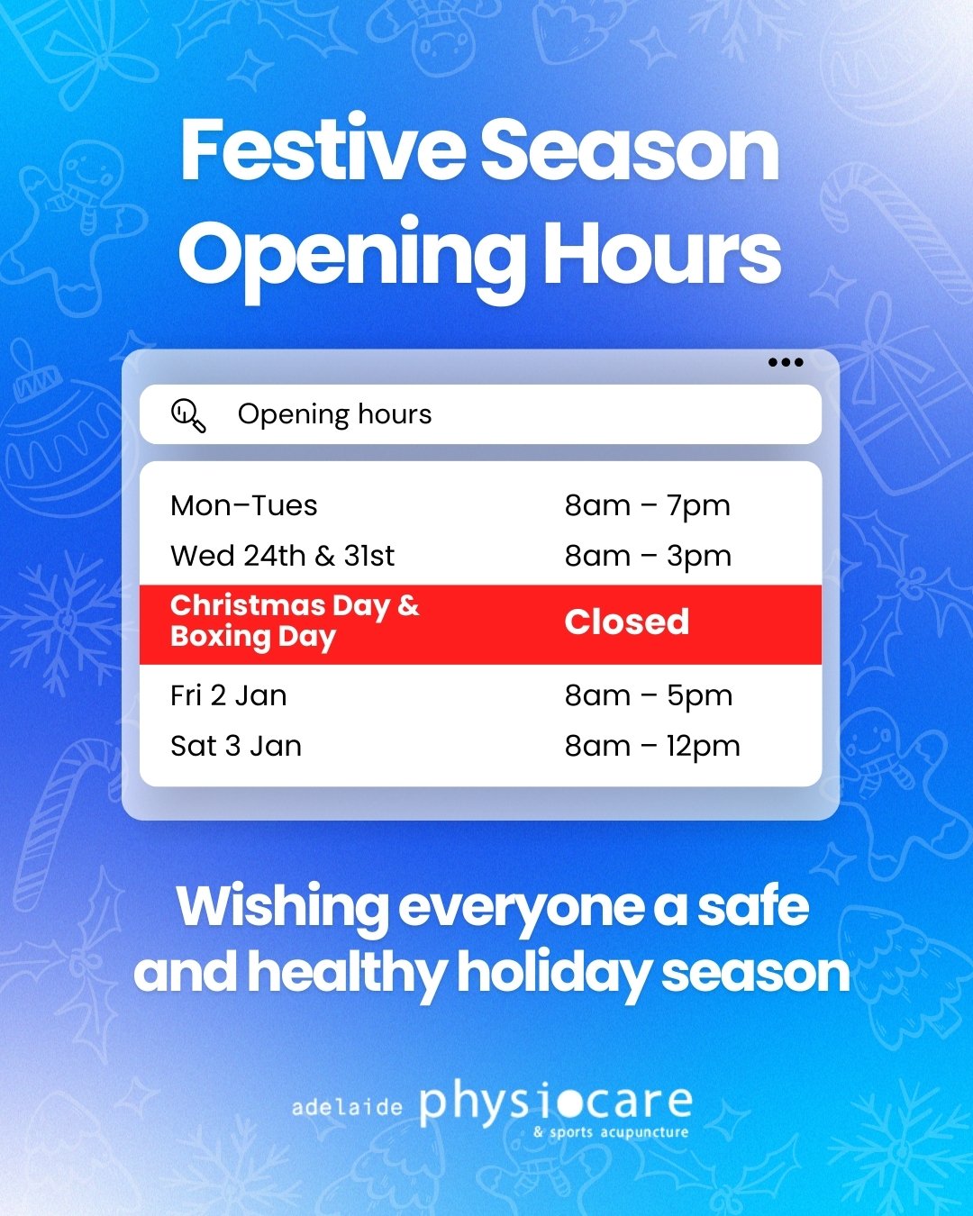 We&rsquo;re still here to keep you moving this festive season 
Check our holiday opening hours and book your appointment early to avoid missing out.

#adelaidephysiocare #adelaidephysio #christmasperiod #newyearhealth #physioclinic #adelaidelocal #he