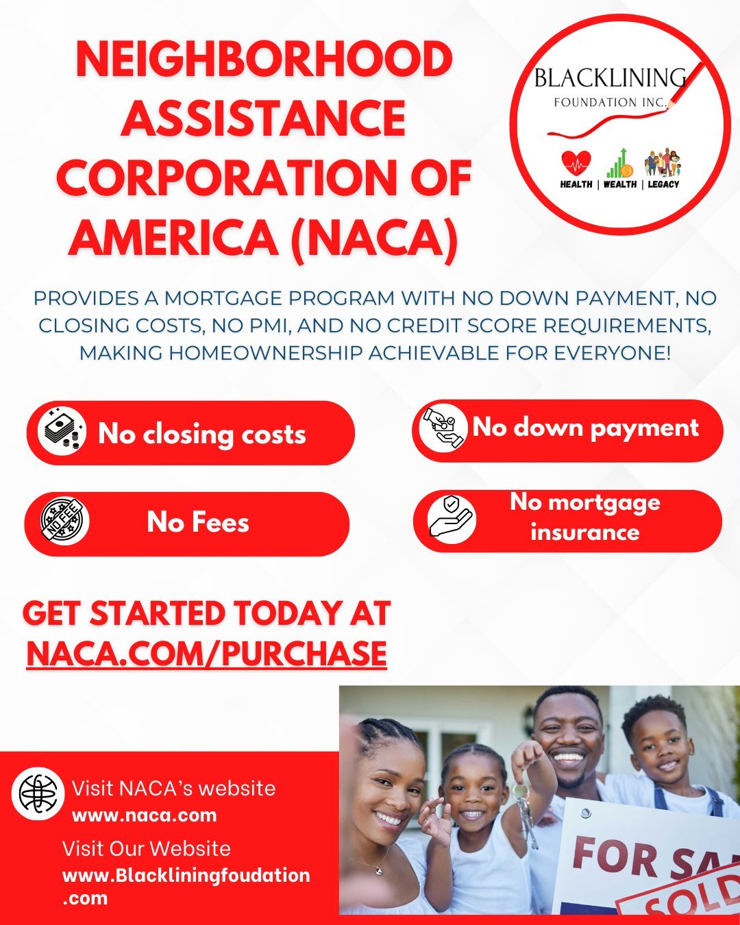 The Neighborhood Assistance Corporation of America (NACA) offers a no down payment, no closing costs, no PMI, and no credit score requirement mortgage program to make homeownership a reality!
Program Highlights:
✅ No down payment required
✅ Below-ma