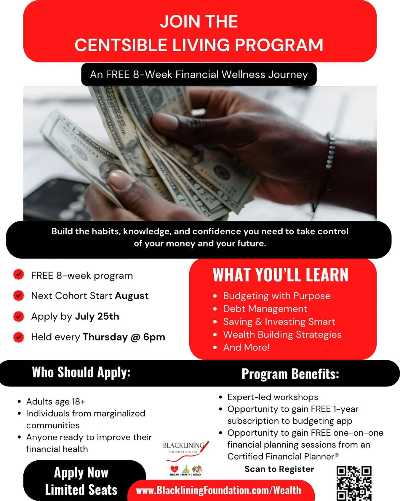 🚨Registration is NOW OPEN for our Centsible Living Program! 💰✨
Join our FREE 8-week journey to take control of your money, build better habits, and plan for your future. Participants get exclusive resources, giveaways, and those who complete the p