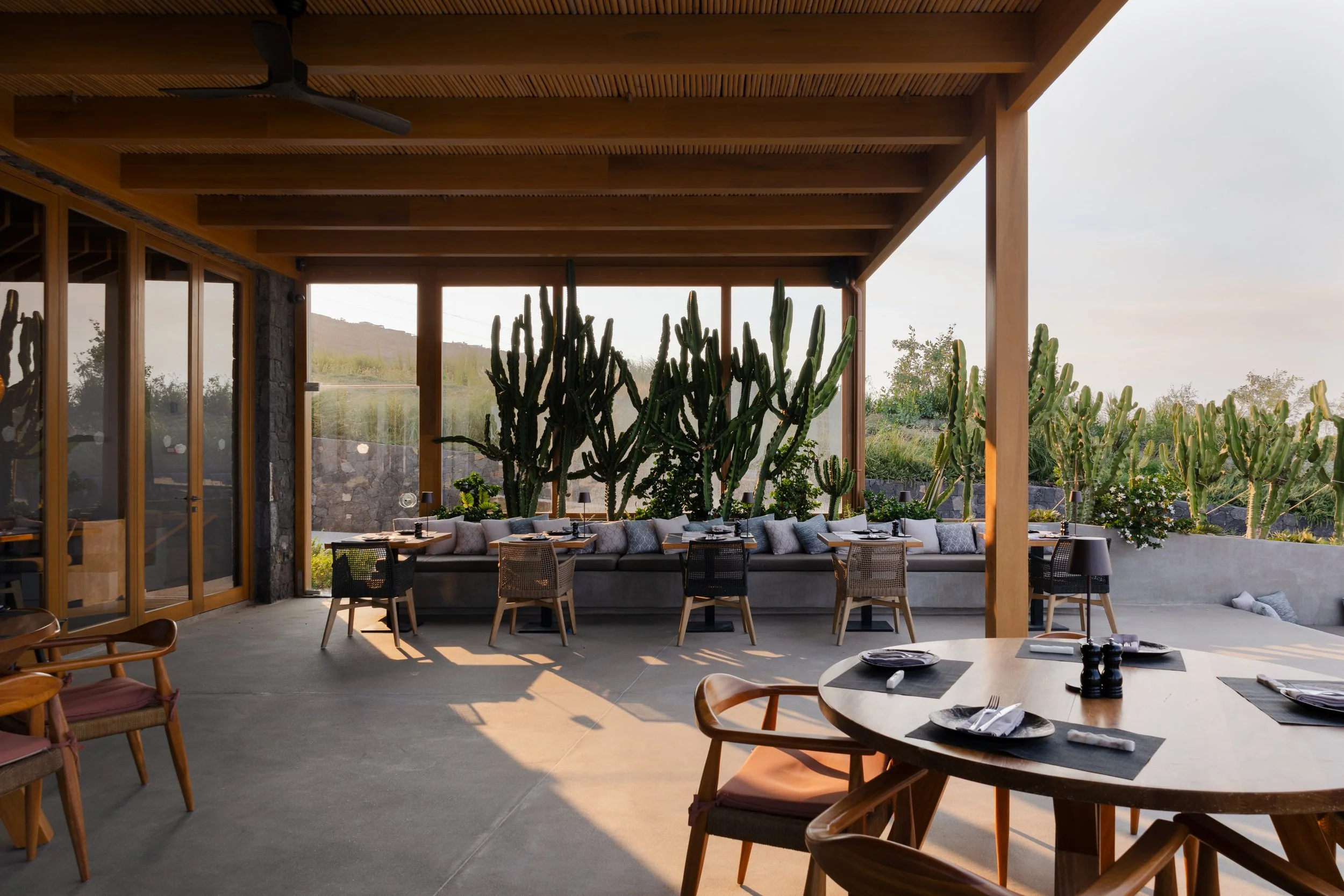 Outdoor restaurant patio with wooden beams, cactus plants, and set tables with plates and napkins.