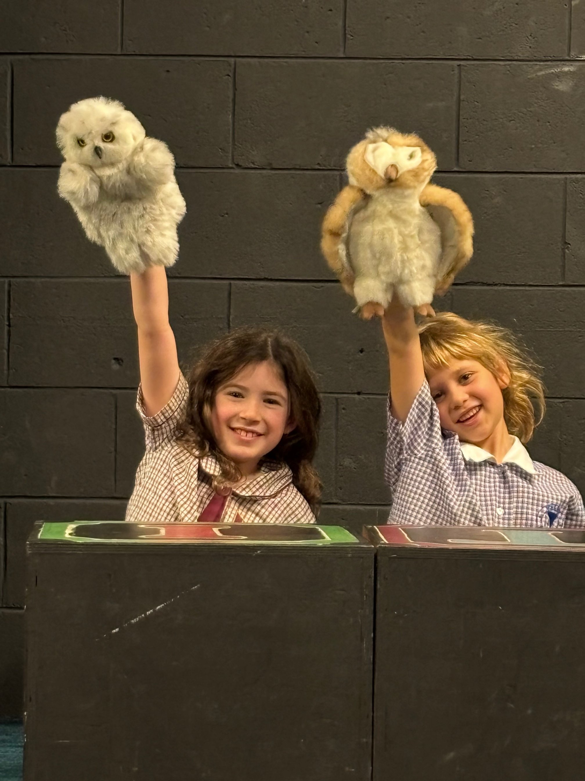 Two children holding up owl hand puppets on a stage with a black brick wall background.