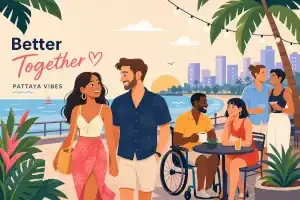 Illustration of diverse people enjoying a day at Pattaya Beach, with a woman and man walking together, a man in a wheelchair, and others sitting at tables, with palm trees and city skyline in the background.