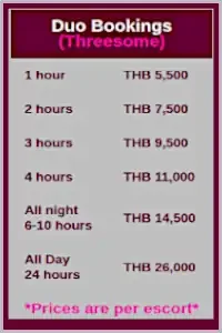 Thumbnail link to Prices Page for Duo Bookings.. Click here for the complete Price List.