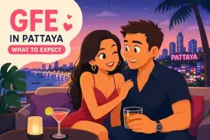 A couple enjoying drinks at a rooftop bar in Pattaya with city lights and a bridge in the background, during evening time.