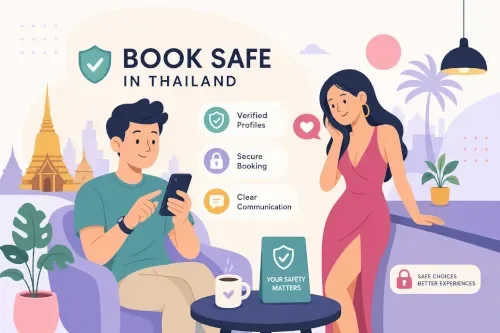 Illustration promoting safe book booking in Thailand, showing a man using a smartphone and a woman standing near a table with text mentioning verified profiles, secure booking, clear communication, and safe choices for better experiences.