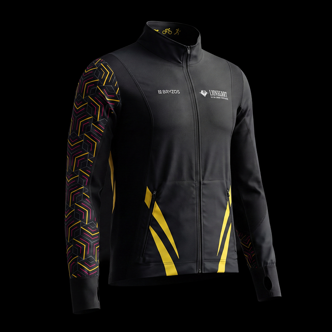 Lion Heart (Лъвско сърце) windbreaker in matte black featuring the unique tri symbol on the sleeve and the sharp yellow lines on the waist