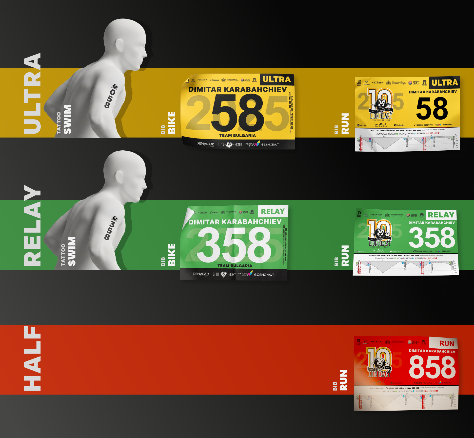 Lion Heart (Лъвско сърце)'s racing bib system - ultra in yellow, relay in green, and half-marathon runners in red