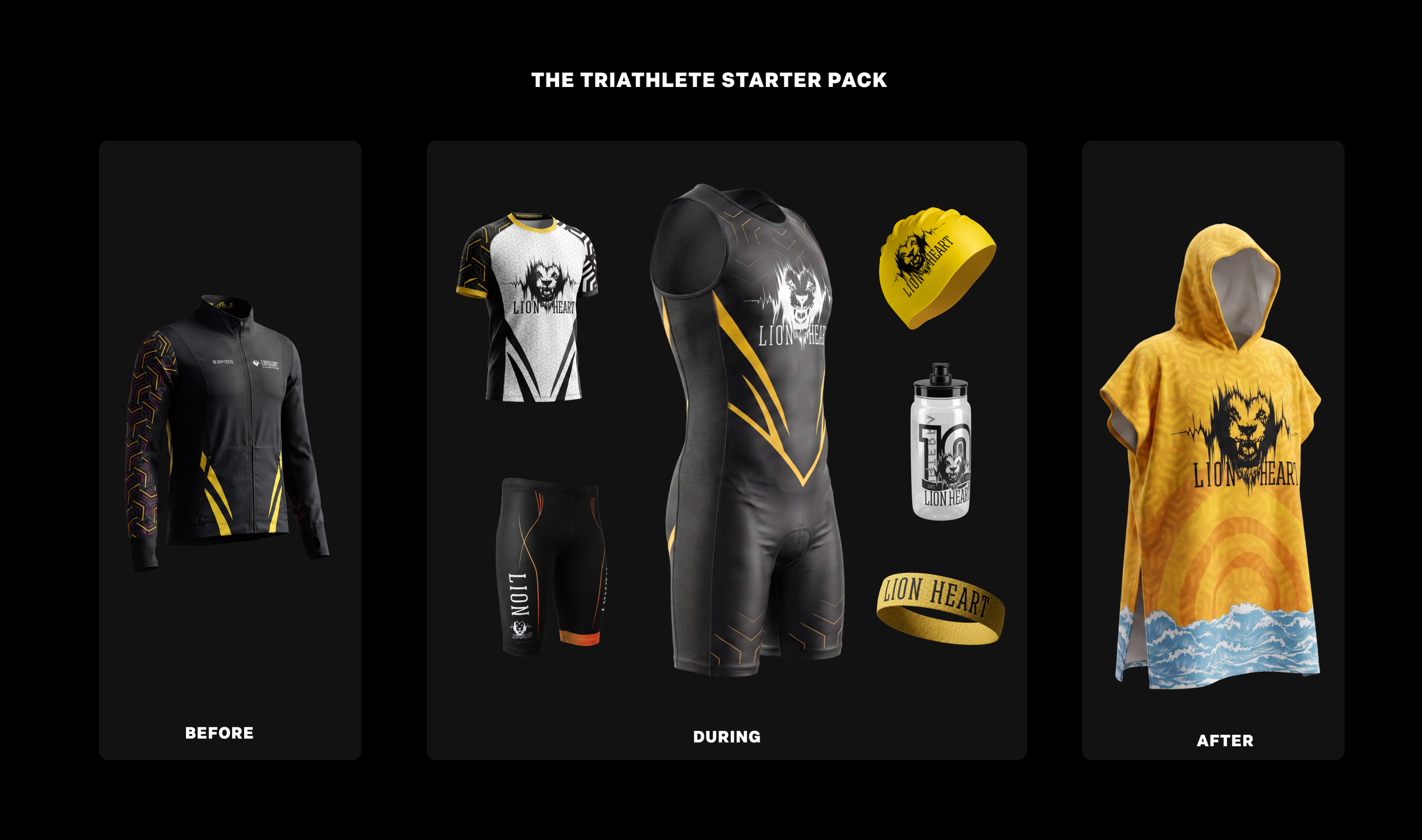 Lion Heart (Лъвско сърце) merchandise and athletic gear starter pack featuring a windbreaker, a racing T-shirt, a tri-suit, running shorts, a swimming cap, a water bottle, a headband, and a surfer poncho.