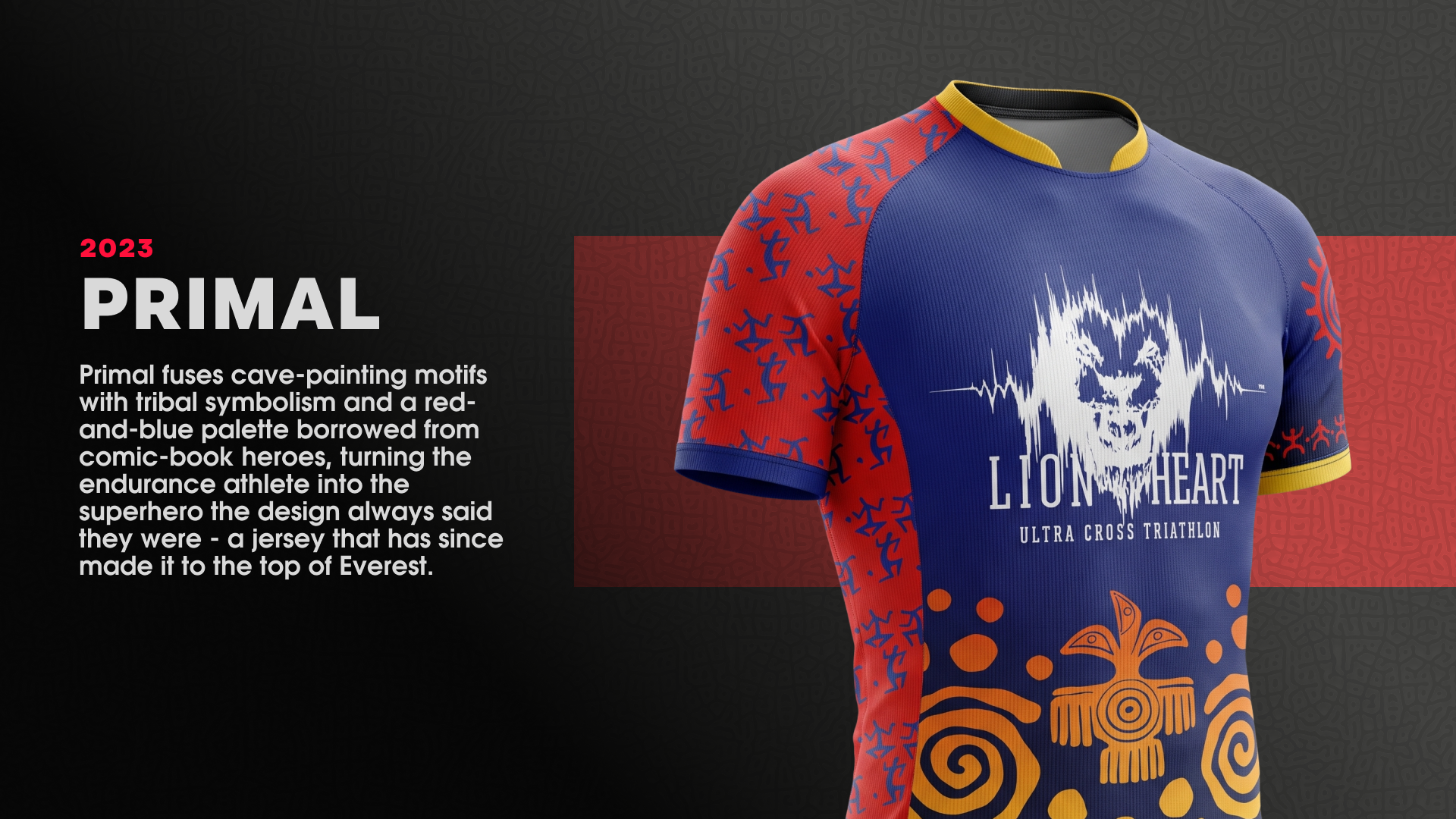 Lion Heart (Лъвско сърце) t-shirt 2023 edition from the primal collection featuring symbols referencing ancient cave paintings, mythical animals and deep symbolism in red and blue