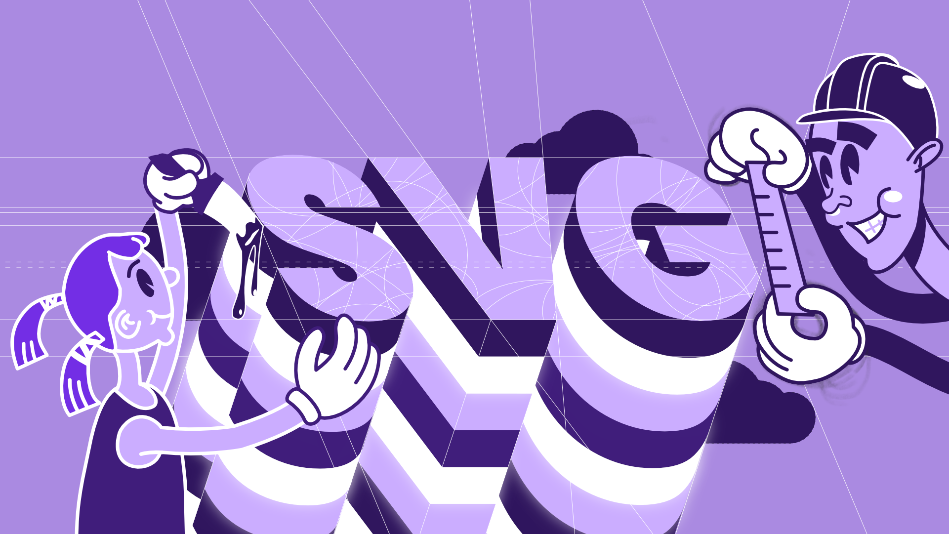 Two characters - a construction worker and a little girl are working on a large SVG sign protruding from the ground up. The construction worker is measuring it, while the girl is painting the S with a brush.