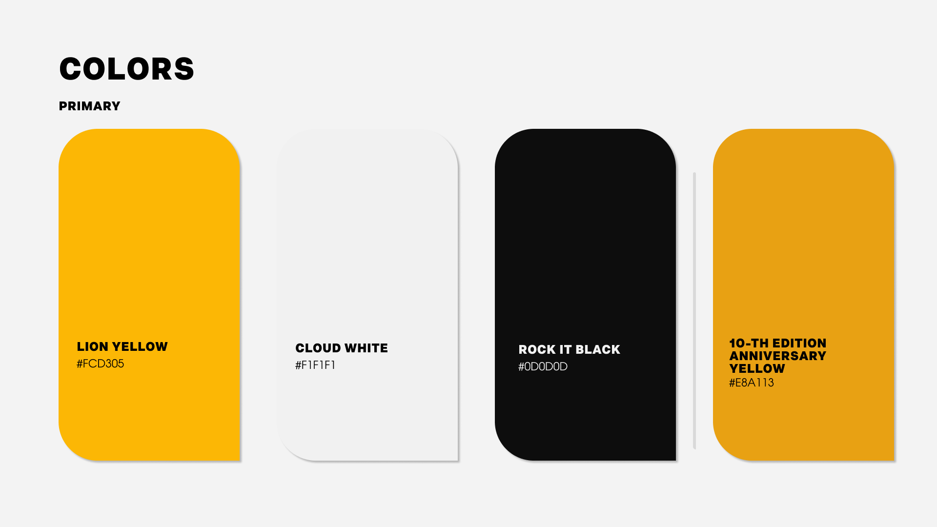 The Lion Heart (Лъвско сърце) color palette of bright yellow, cloud white, rock-it black and the 10th anniversary gold
