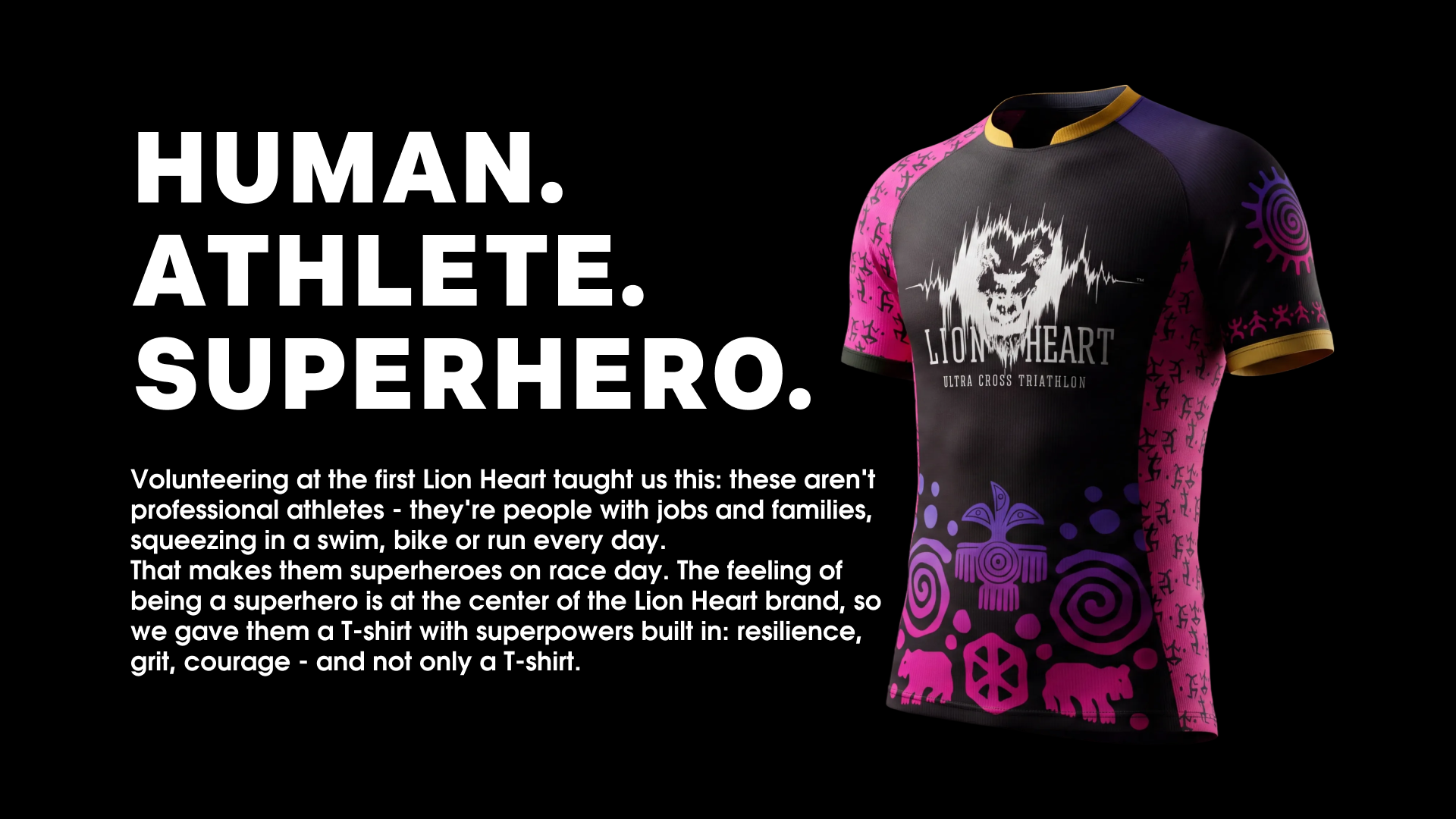 Lion Heart Лъвско сърце T-shirt done by Cosmonavt Studio with primal symbols that look like cave paintings color in pink and purple. The text on the visual reads: Human. Athlete. Superhero.