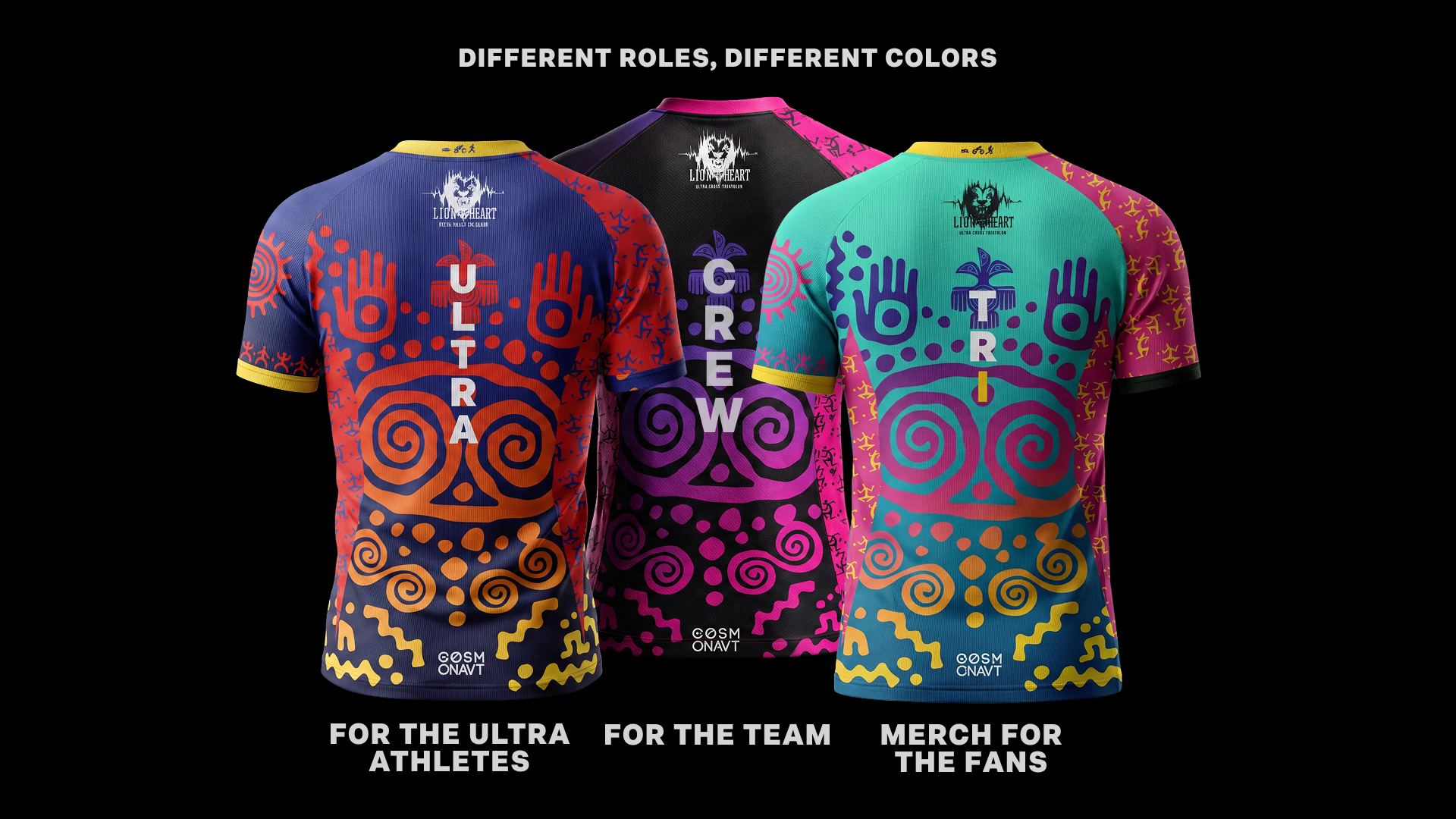 The set of 3 Lion Heart (Лъвско сърце) T-shirts for ultra athletes, team and fans - color-graded into a recognizable set of colors.