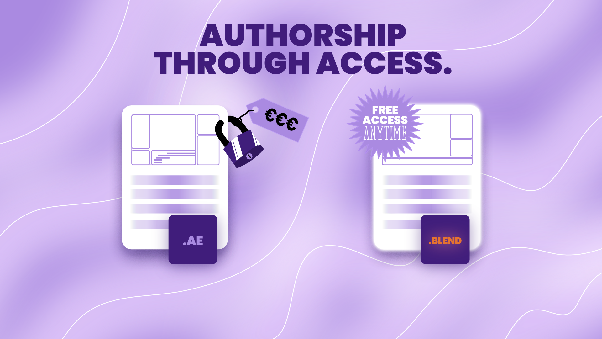 Digital illustration of two files. One is .ae, an After Effects file, that has a padlock on it's top right with a price tag in euros attached to it. The second one is a .blend file that has a "Free Access Anytime" stamp. Authorship through access.