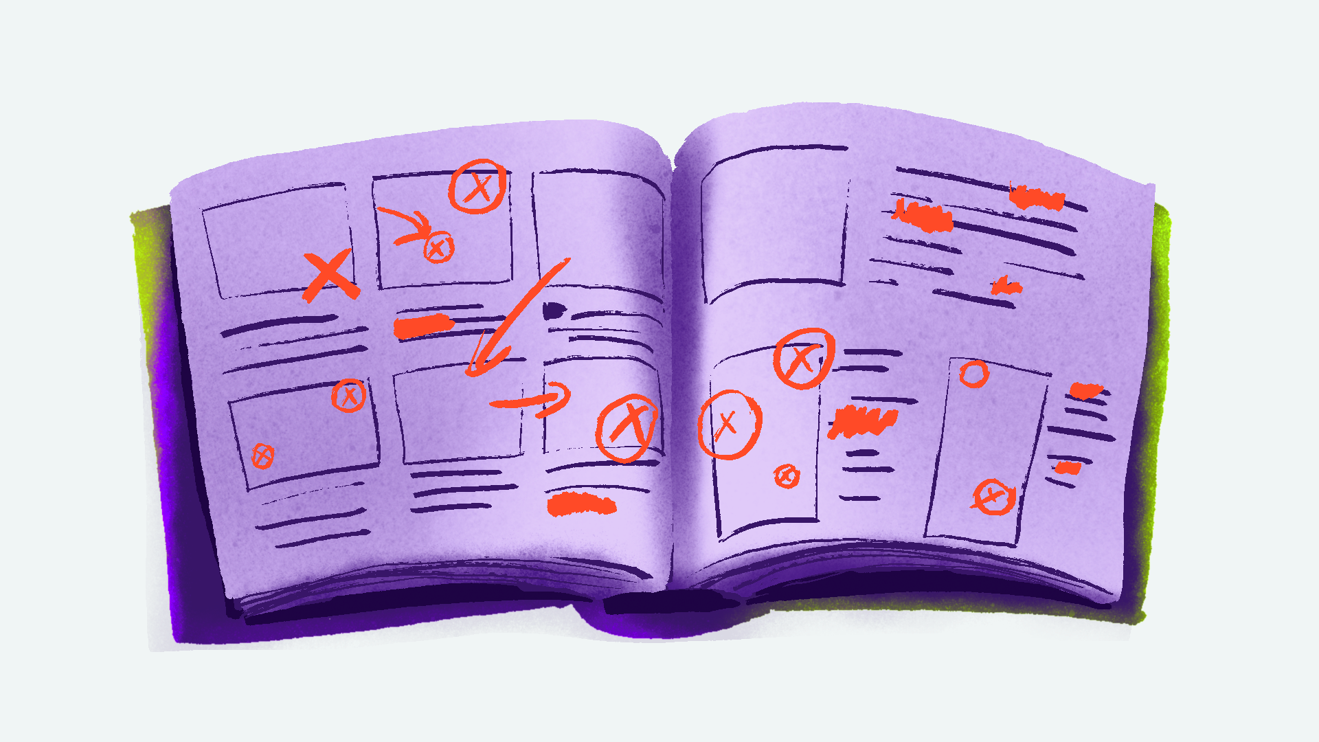 Illustration highlighting a storyboard in a book with various red arrows and crosses marking changes or mistakes in the animation production process