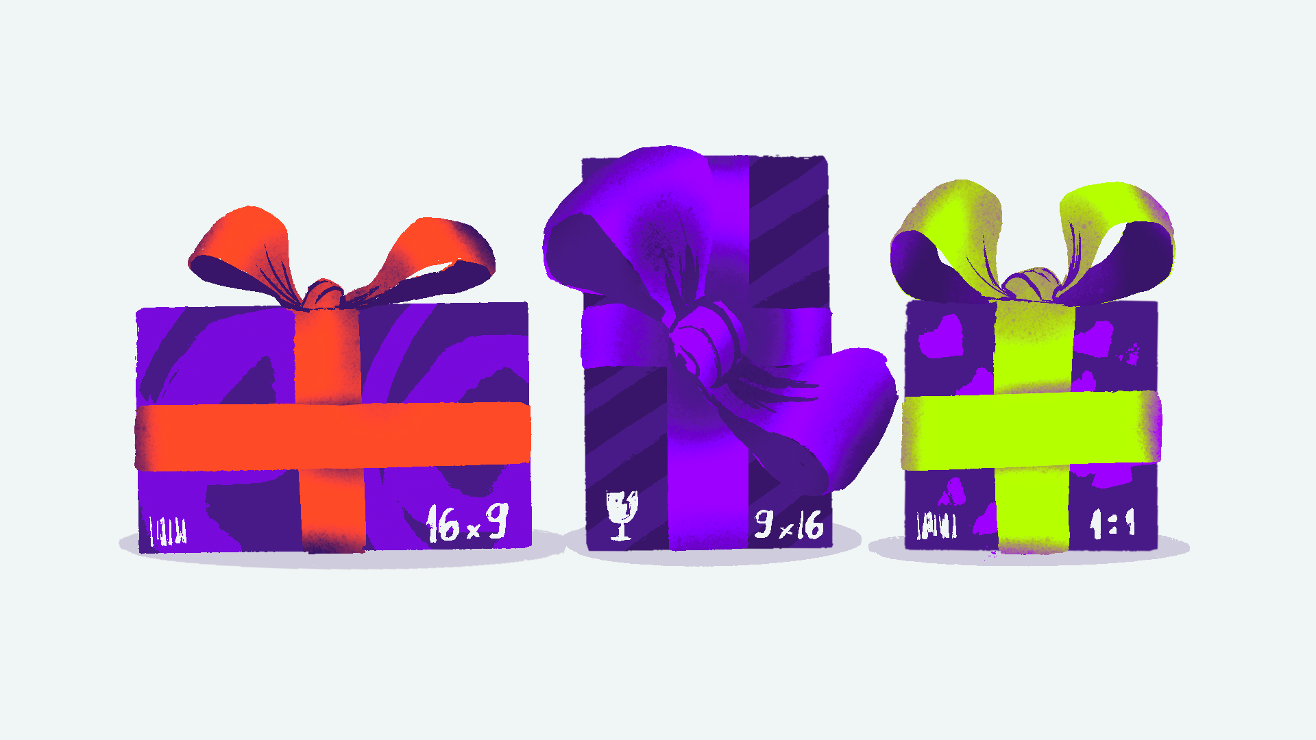 Illustration highlighting 3 presents in the shape of common video formats - 16:9 (horizontal), 9:16 (vertical) and 1:1 (square) wrapped as presents for the client