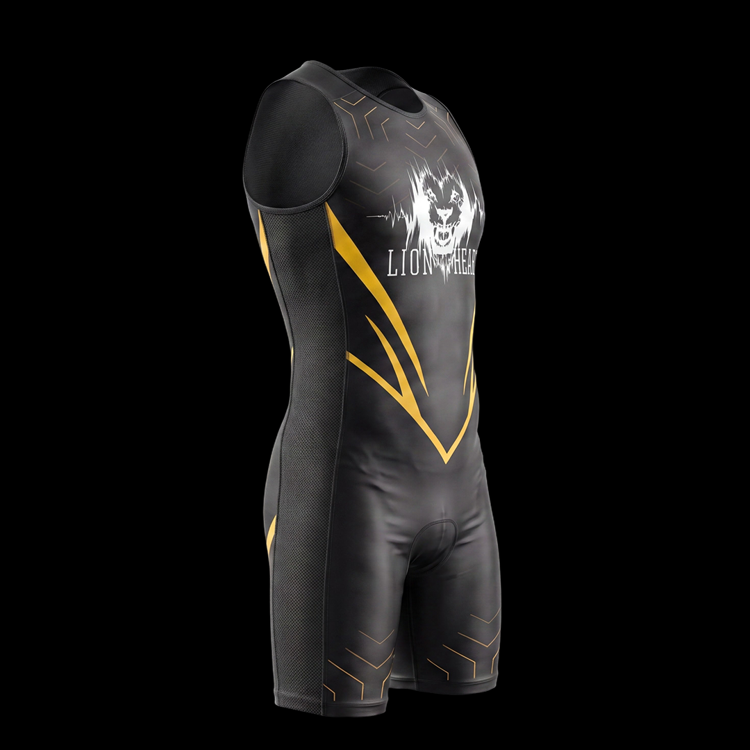 Lion Heart (Лъвско сърце) triathlon suit in full black with sharp yellow lines at the sides and the waist