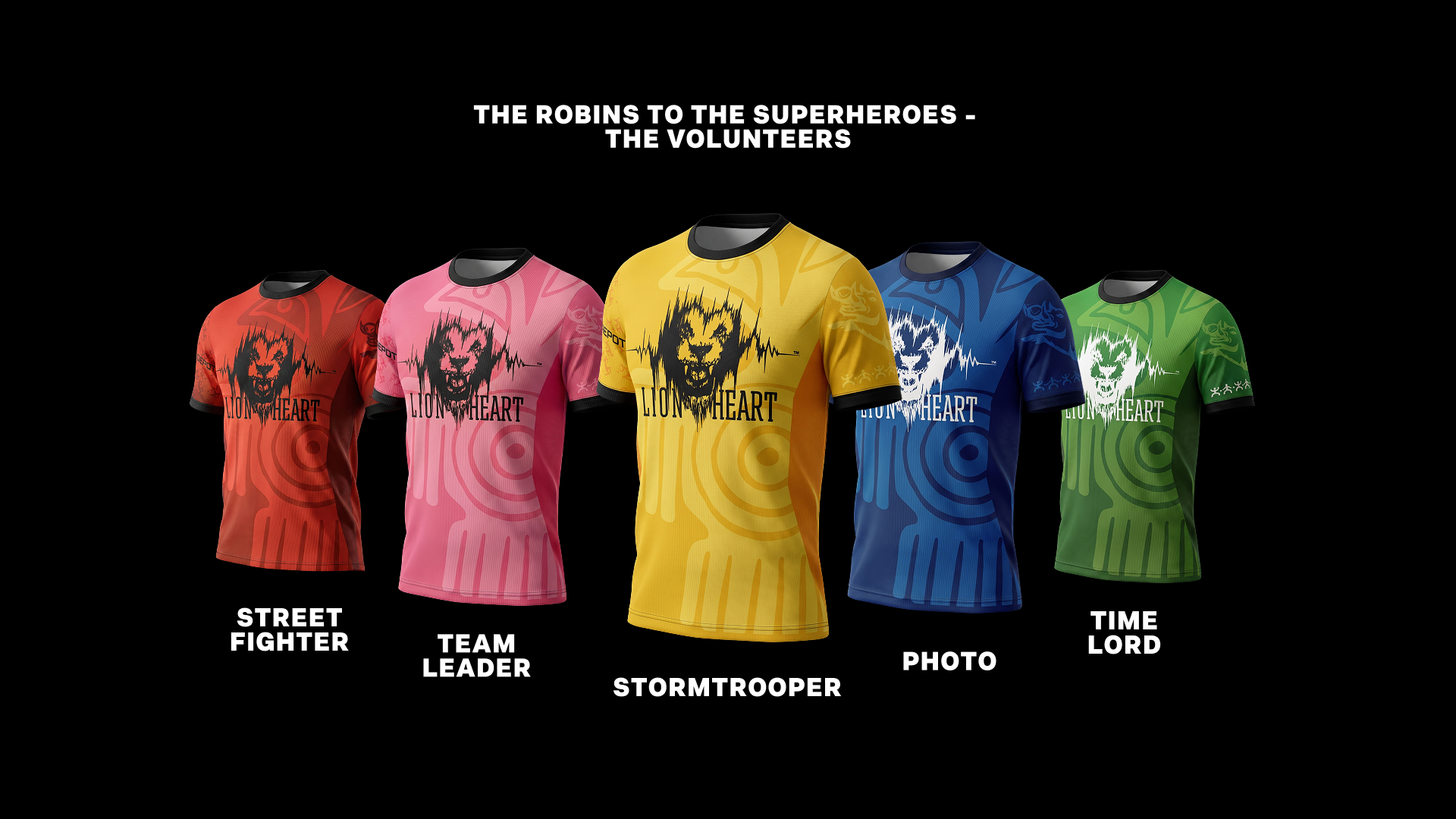 Lion Heart (Лъвско сърце) volunteers wear a unique sports t-shirt in one of 5 colors - red, pink, yellow, blue, and green, that represent the various volunteer roles.