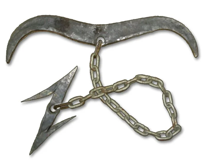 Reconstruction of a wolf hook (Z-shape) chained to a wolf anchor (crescent bar)