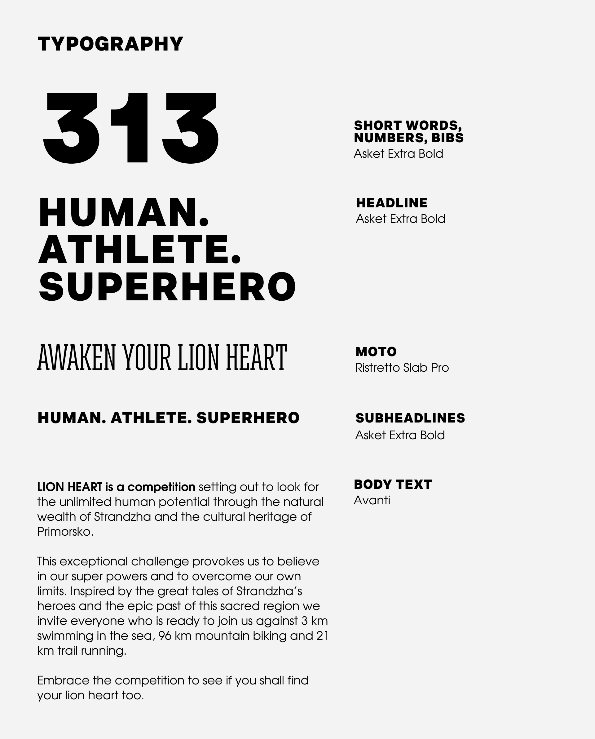 Lion Heart (Лъвско сърце) typography showcasing numbers, titles, and body text in Asket ExtraBold, Ristretto Slab Pro and Avanti fonts