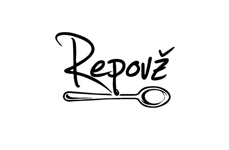 The image features the word 'Repoz' written in a stylized black script with a drawing of a spoon underneath it.