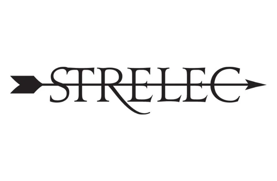 The word 'STRELEC' in stylized black font with an arrow passing through the middle from left to right.