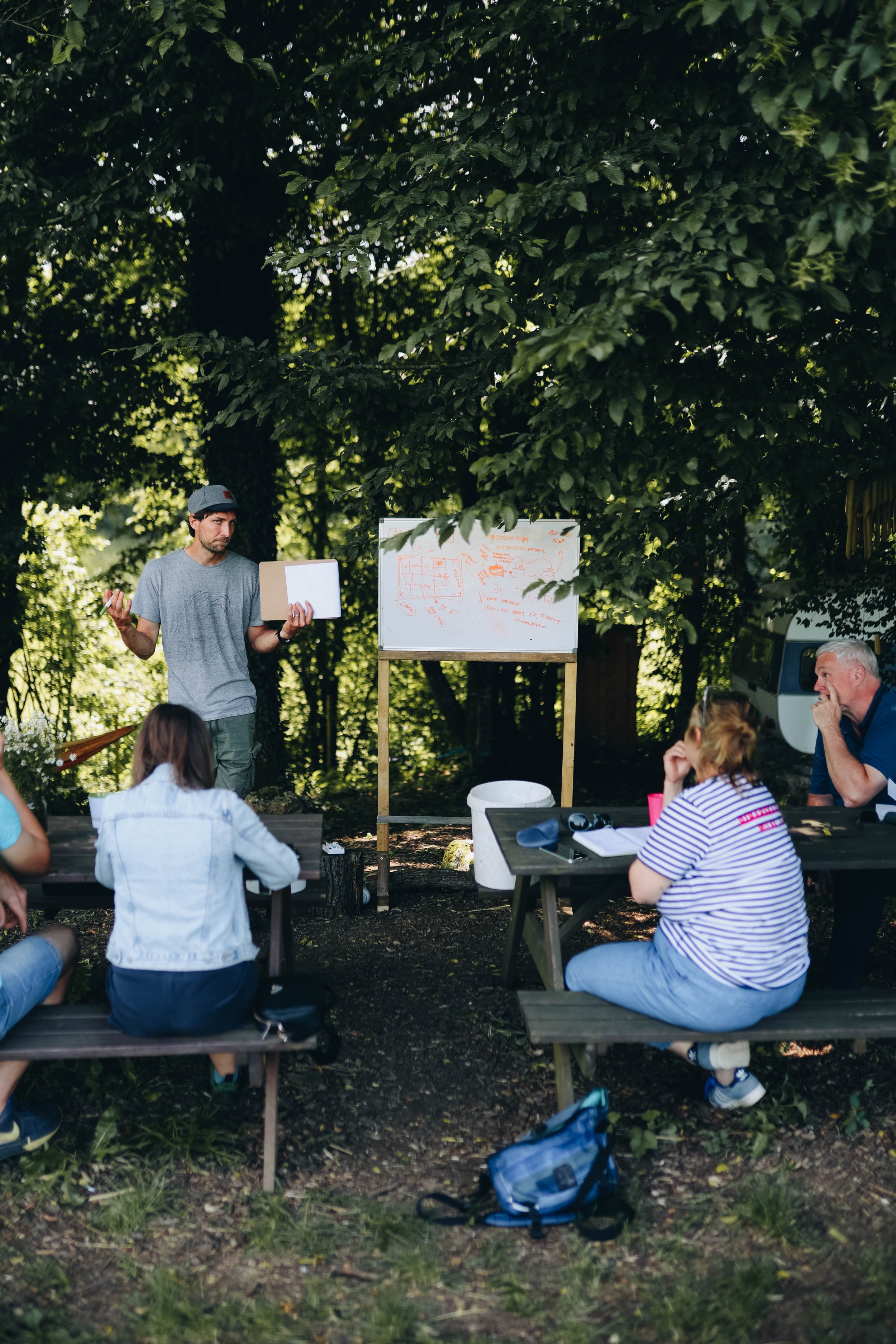 A man stands in front of a whiteboard outside, giving a presentation to a small group of people seated at picnic tables under a large tree.