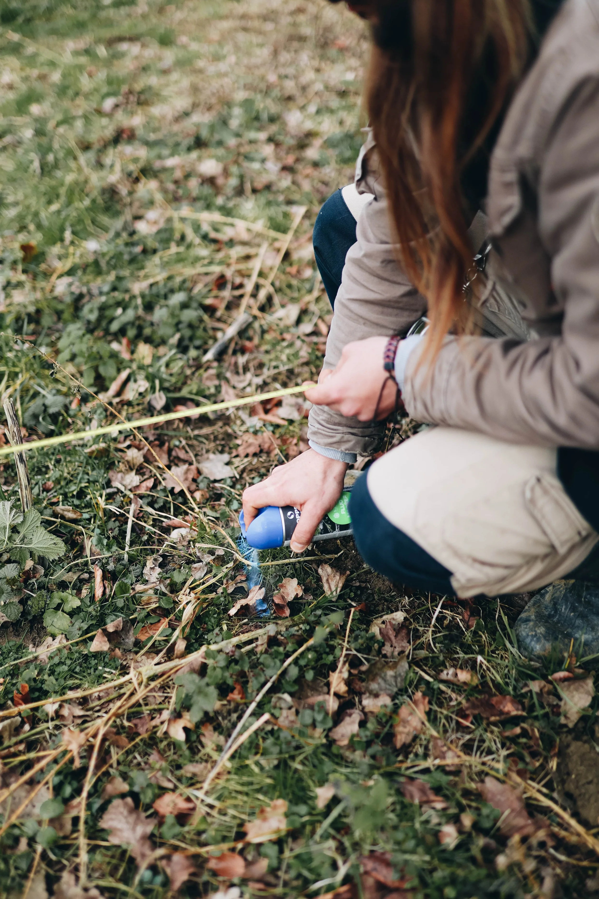 Person kneeling in a field, spraying plants with a bottle of liquid.