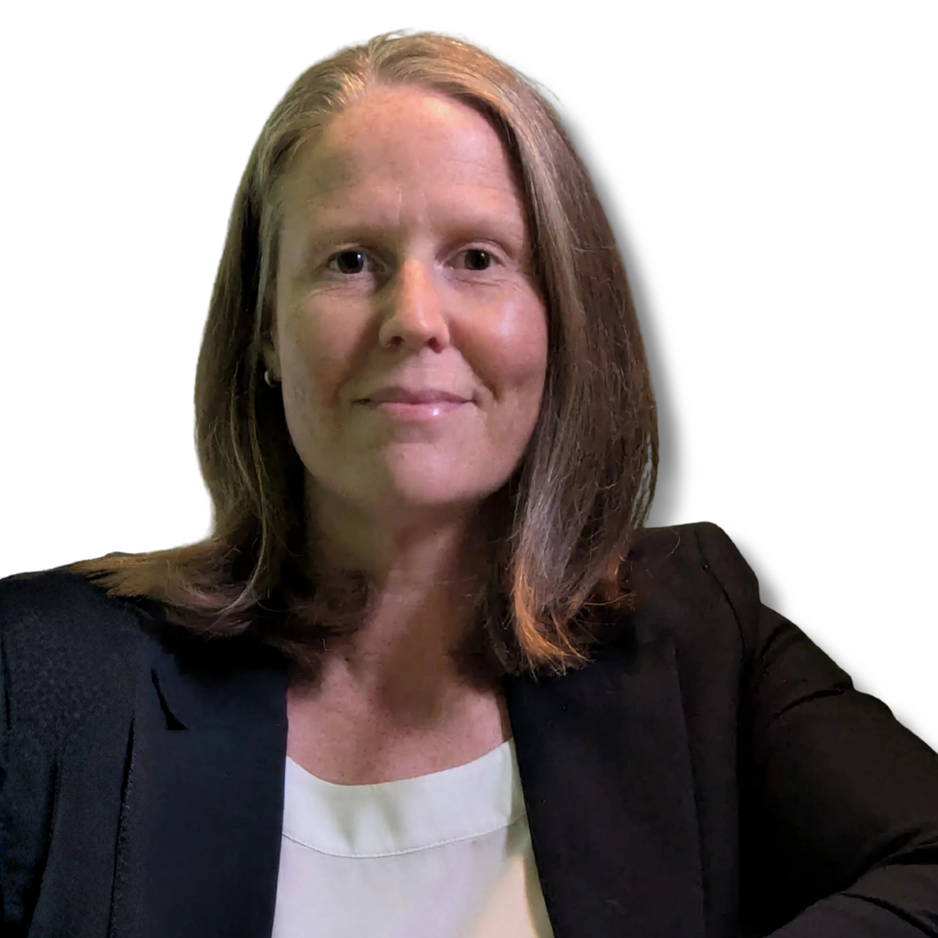 A woman with long brown hair, wearing a black blazer and white top, smiling softly, against a green textured background.