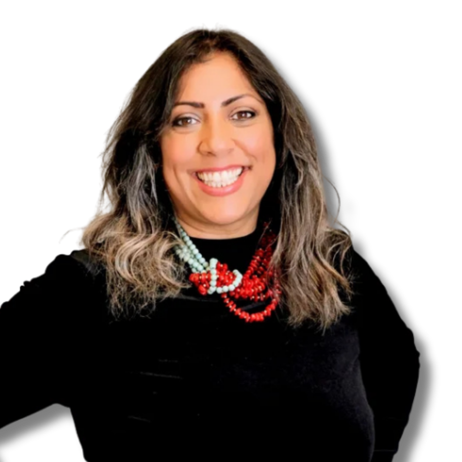 A woman with black hair and blonde highlights wearing a light blue and red beaded necklace