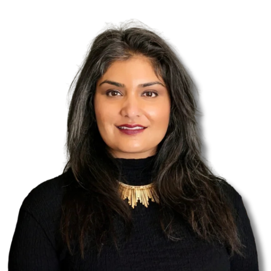 A woman with dark hair, a black turtle neck with a gold necklace and dark rouge lips