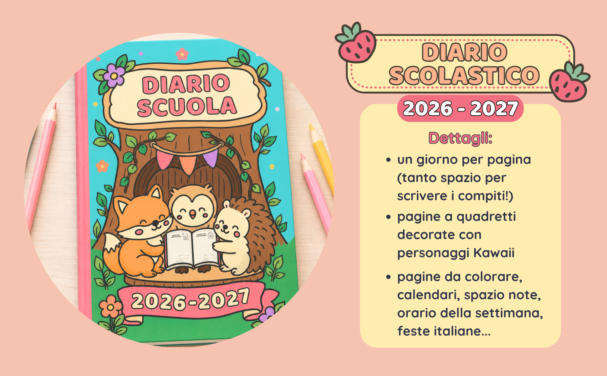 diario scuola 2026 2027 kawaii animali bambina primaria elementari