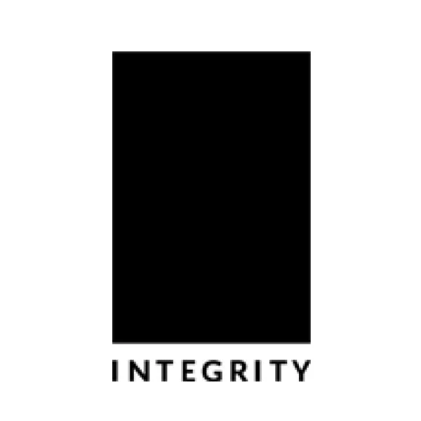 Black rectangle with the word 'INTEGRITY' written below in black capital letters.