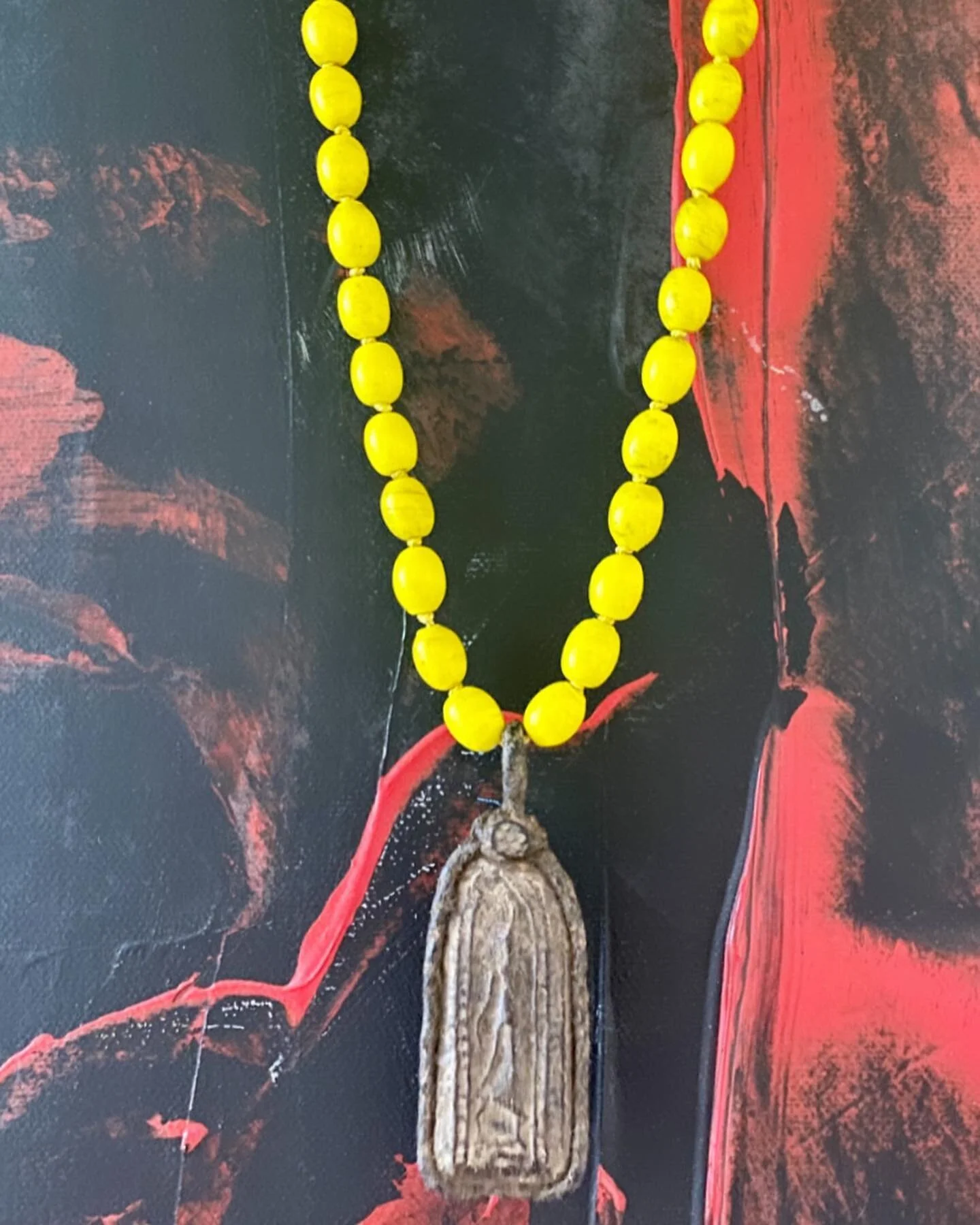 Oh Dear. This is a Yellow African Beaded Necklace on Yellow Knotted Silk w/ a Female Icon Pendant 23&rdquo; GF Hook Clasp. #10Metal #10M #10Metal.com #femaleicon #oneofakindpiece