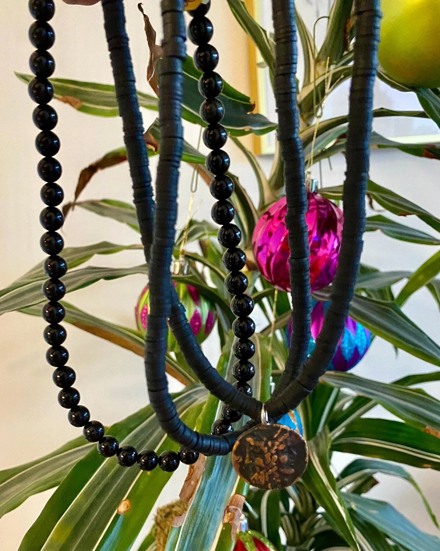 Who loves black colored jewelry? I do I do!!! #1 Onyx T-Shirt Necklace SS Hook Clasp. #2 Rubber Heishi Disks Necklace Oxidized Silver Lobster Clasp. #3 Rubber Heishi Disks w/ Greek Coin Blackened Bronze Pendant. #10Metal #10M #10Metal.com #greekcoin 