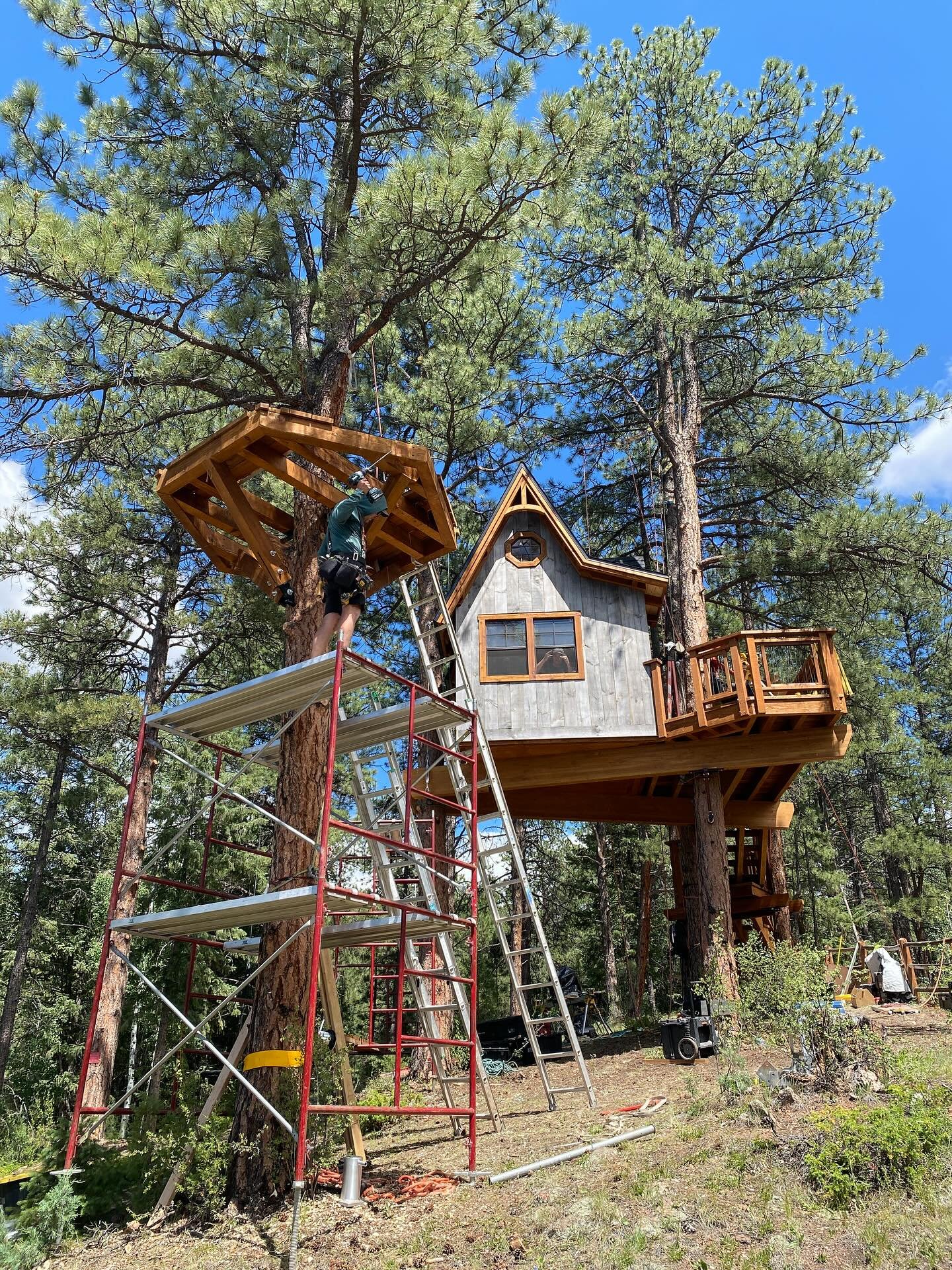 Today we worked on the satellite platform and suspension bridge for the Buffalo Creek treehouse, as well as interior siding.  The satellite platform is 18ft off the ground to the deck on its high side!