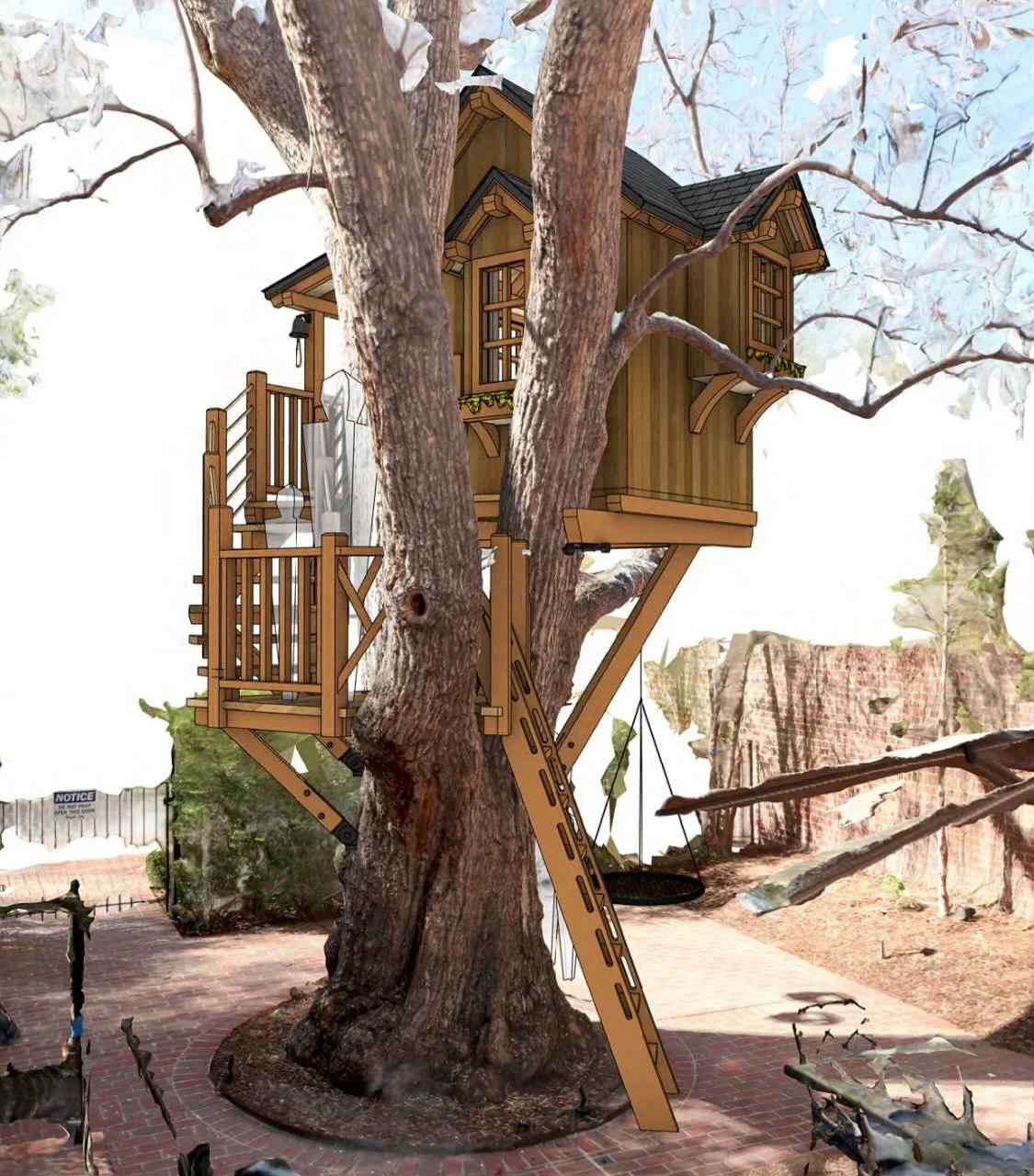 Designs for the Catalpa Treehouse we&rsquo;re working on in the shop right now.  This backyard treehouse in Denver will be supported by one massive old catalpa tree.  A ships ladder &amp; spiral staircase will lead up around the tree to a deck about 