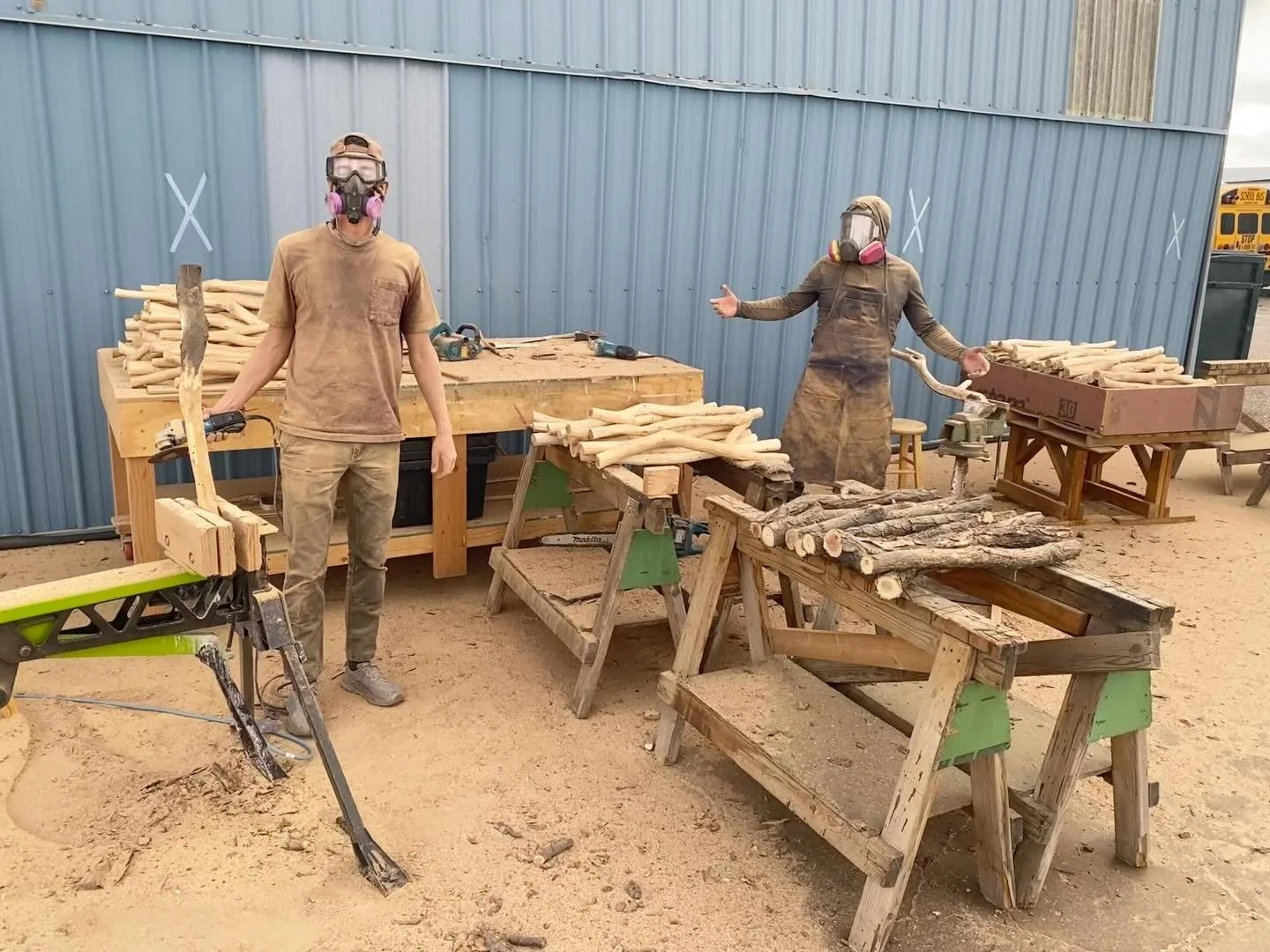 Stick Town, population 2.  @____pitch____ and @cameronbreck putting in legendary work on the angle grinders, preparing natural branch balusters for the handrails on our Mendota project.  Many of these branches come from past treehouse projects where 
