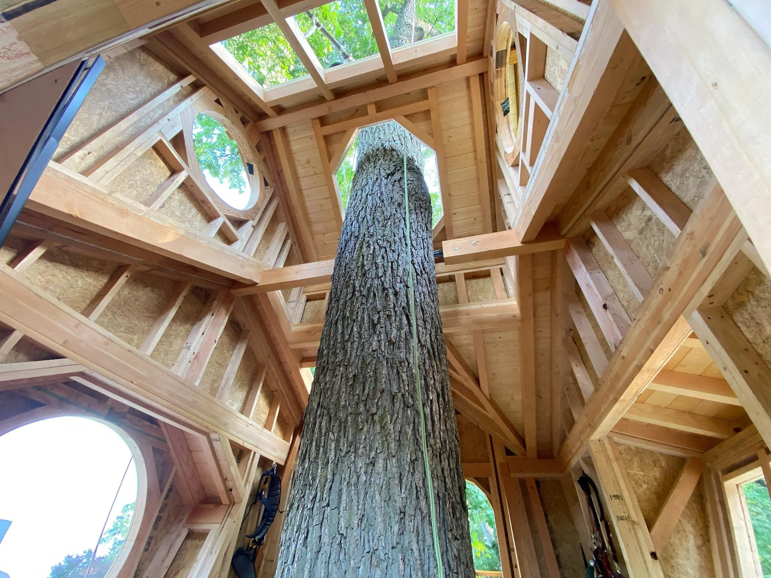Day 6 of the Mendota Treehouse raising!  We got the loft walls and roof panels up on the main treehouse, and began fascia trim and roof edge in preparation for roofing.  Also in the works today was interior siding on the outpost treehouse, and firema