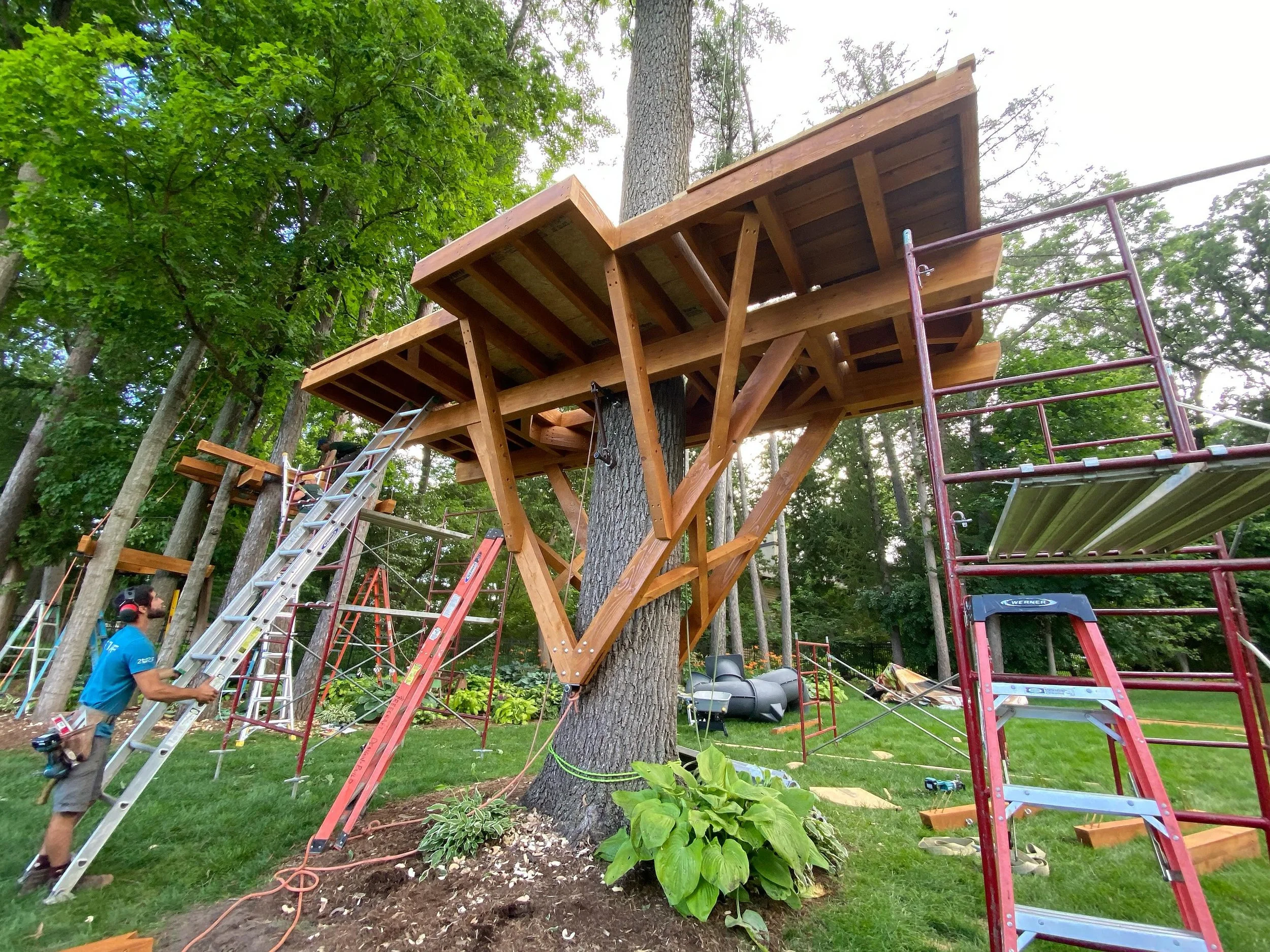 More day 3 progress shots on the Mendota Treehouse raising as we assembled platforms!