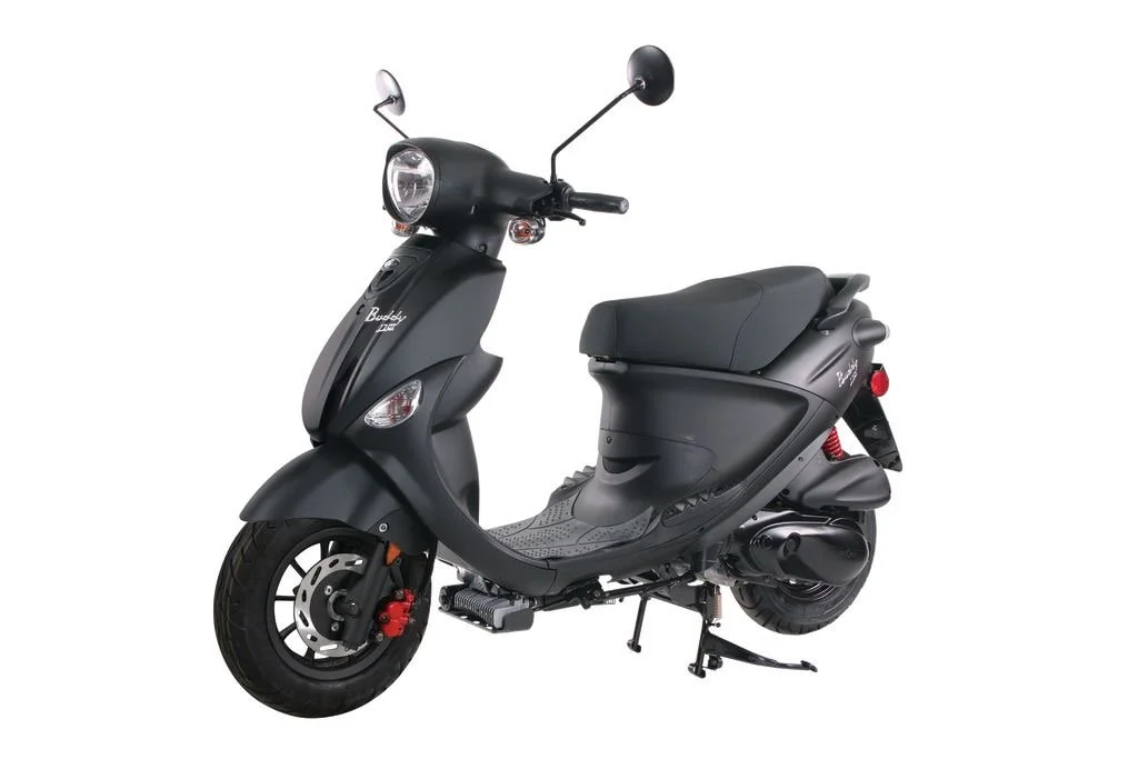 Black scooter with a seat, handlebars, mirrors, and front and rear wheels, set against a white background.