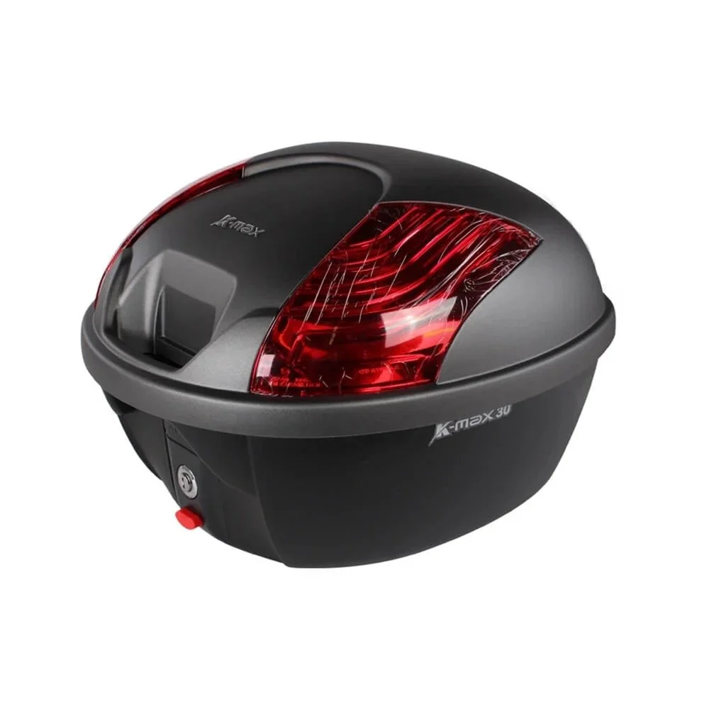 Black motorcycle top case with a red reflective light on the back.